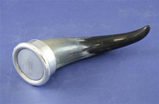 A George V silver mounted horn snuff mull, by Asprey & Co, 5.75in.